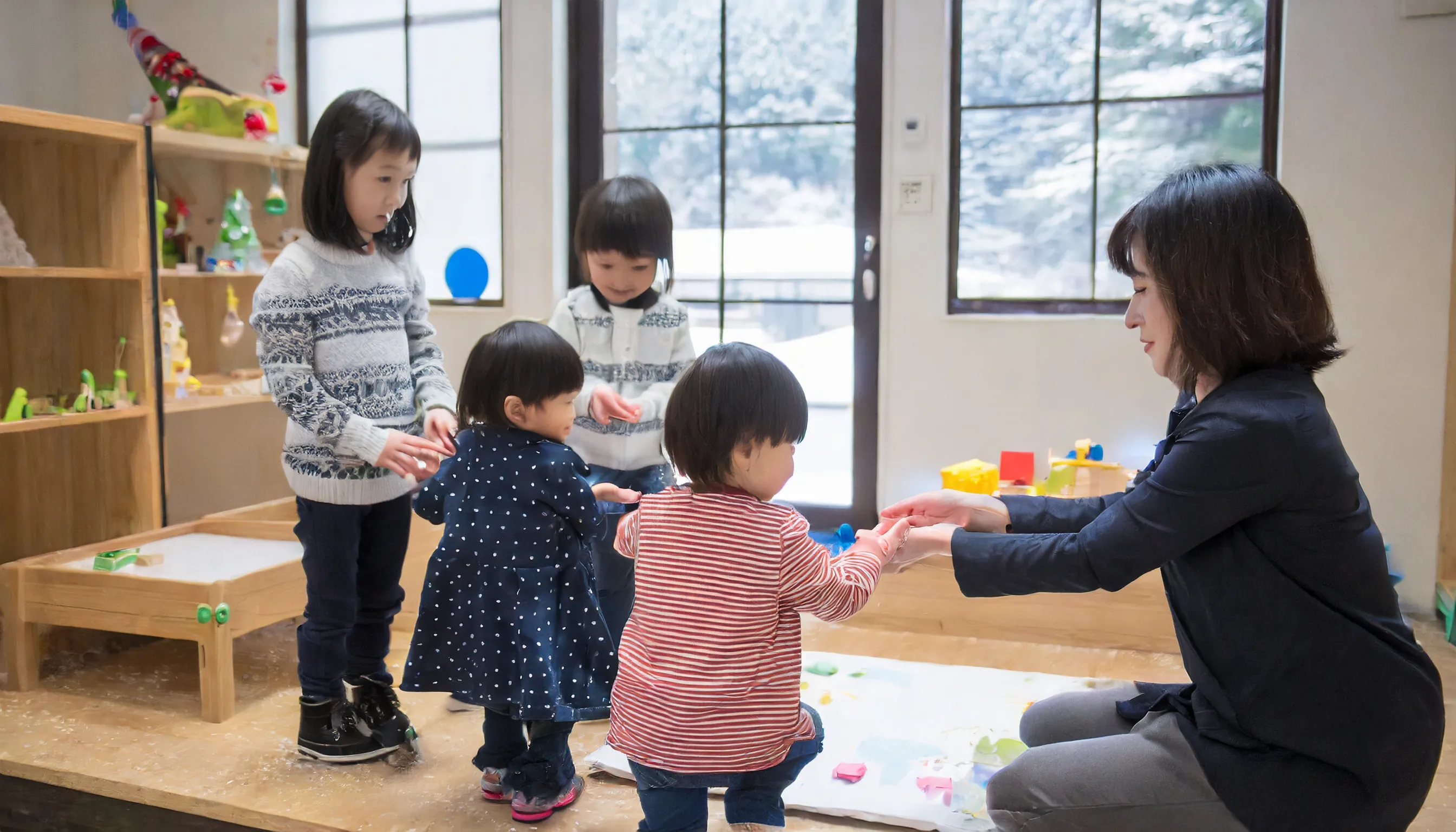 冬に室内で手遊びをする日本人の保育士と子どもたち